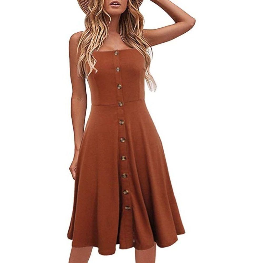 Brown Casual Solid Cotton A-Line Midi Dress